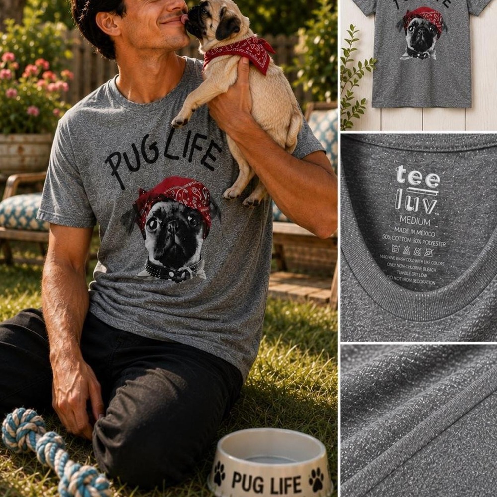 Tee Luv T-Shirt Mens Medium Gray Pug Life Graphic Bandana Dog Short Sleeve